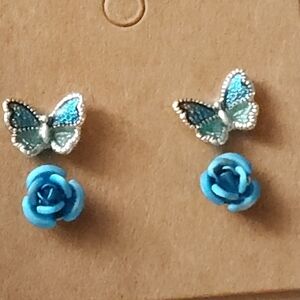 Blue Butterfly and Rose Earrings BOTH PAIR brand New